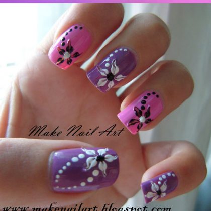 purple nails with flowers